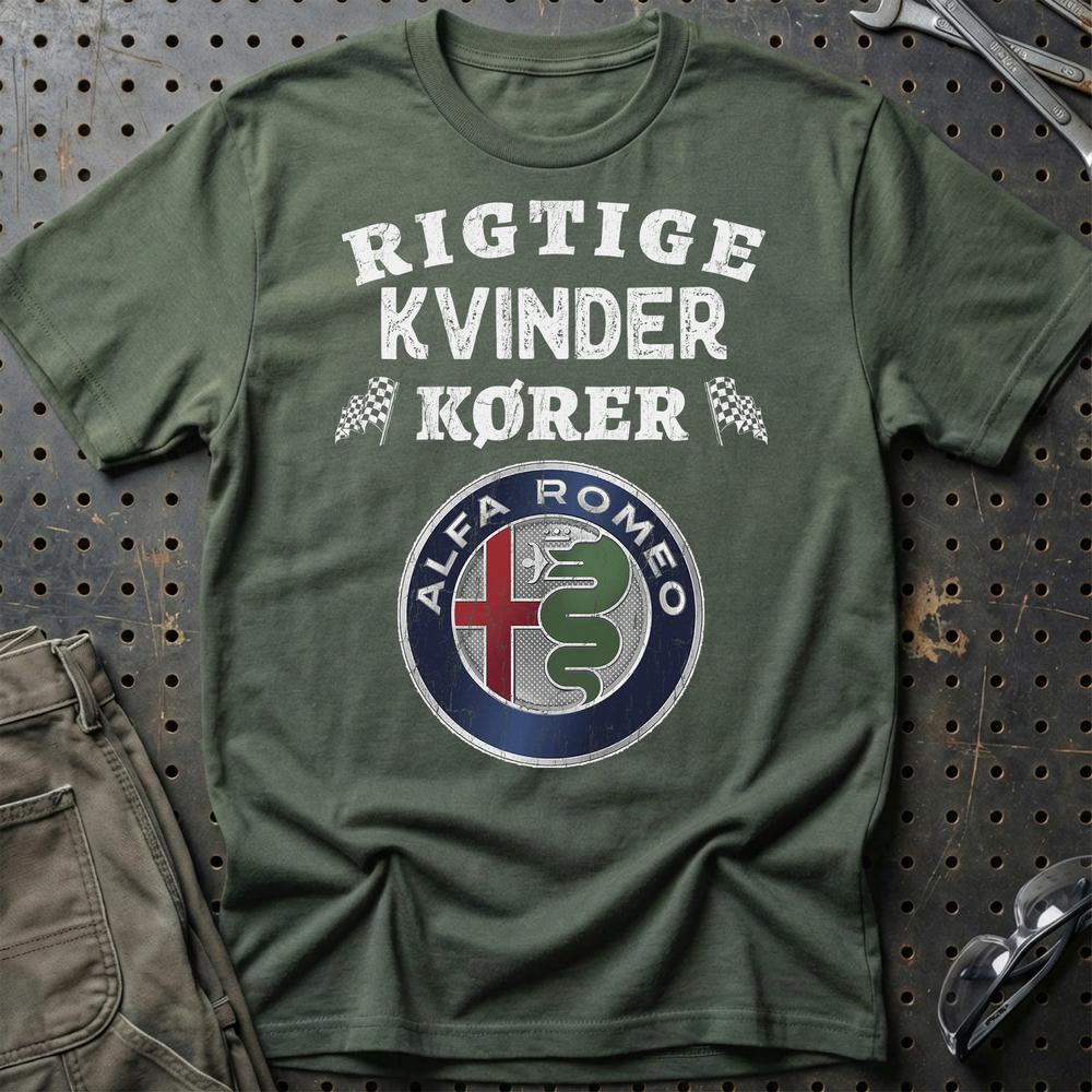Alfa Romeo Rigtige Kvinder Kører - Unisex T-Shirt , Bomuld-Beklædning-Alfa Romeo-Grøn Militær-S-Garage Culture Shop- garage - man cave - merchandise