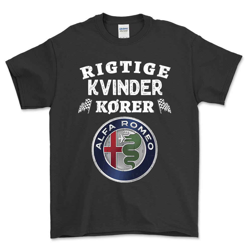 Alfa Romeo Rigtige Kvinder Kører - Unisex T-Shirt , Bomuld-Beklædning-Alfa Romeo-Sort-S-Forside-Garage Culture Shop- garage - man cave - merchandise