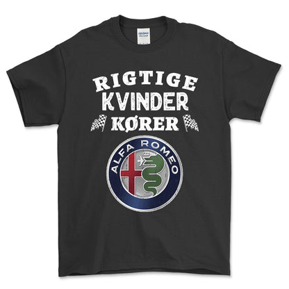 Alfa Romeo Rigtige Kvinder Kører - Unisex T-Shirt , Bomuld-Beklædning-Alfa Romeo-Sort-S-Forside-Garage Culture Shop- garage - man cave - merchandise