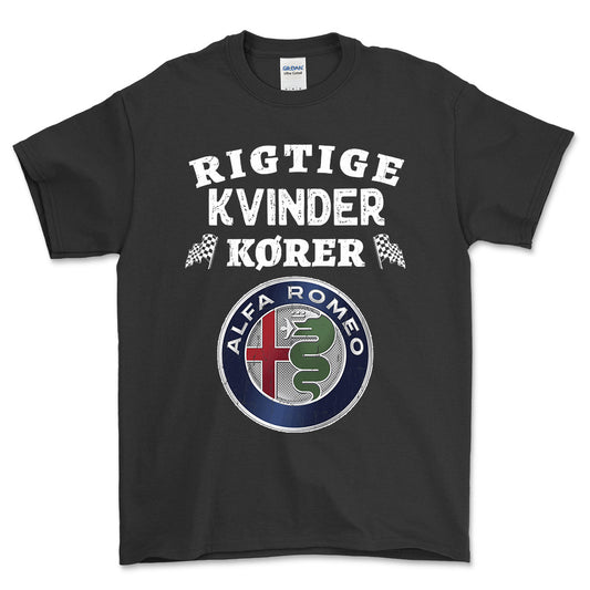 Alfa Romeo Rigtige Kvinder Kører - Unisex T-Shirt , Bomuld-Beklædning-Alfa Romeo-Sort-S-Forside-Garage Culture Shop- garage - man cave - merchandise