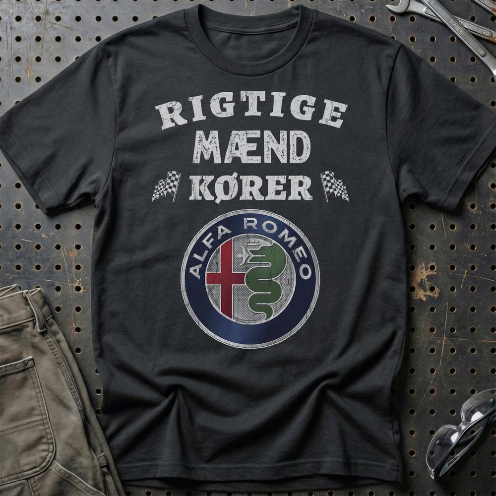 Alfa Romeo Rigtige Mænd Kører T-Shirt-Beklædning-Alfa Romeo-Sort-S-Garage Culture Shop- garage - man cave - merchandise