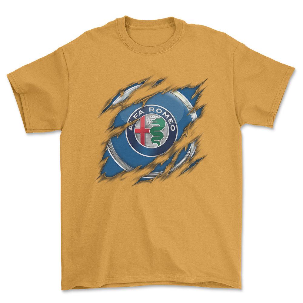 Alfa Romeo Ripped Unisex T-Shirt , Bomuld-Beklædning-Alfa Romeo-Guld-S-Forside-Garage Culture Shop- garage - man cave - merchandise