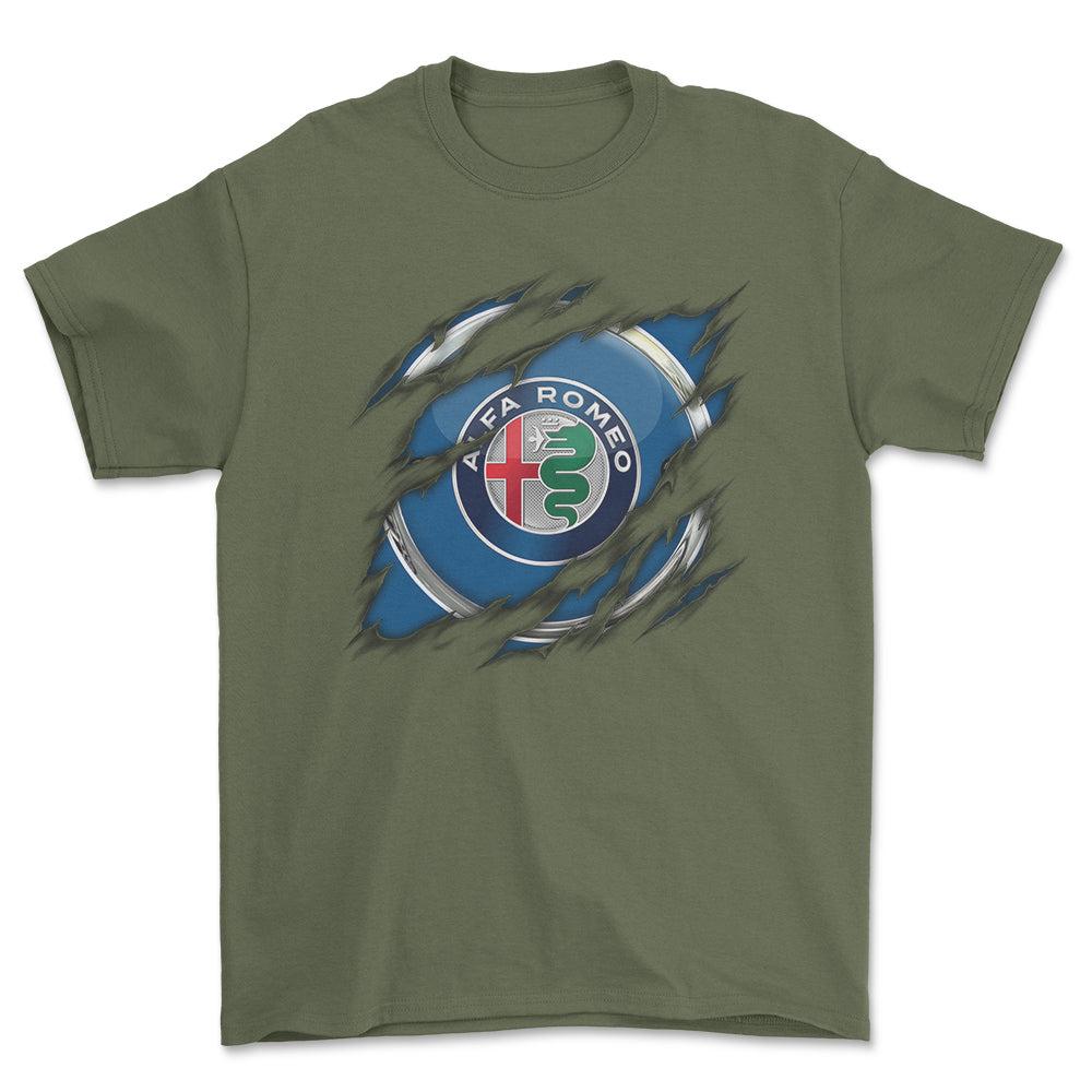 Alfa Romeo Ripped Unisex T-Shirt , Bomuld-Beklædning-Alfa Romeo-Grøn Militær-S-Forside-Garage Culture Shop- garage - man cave - merchandise
