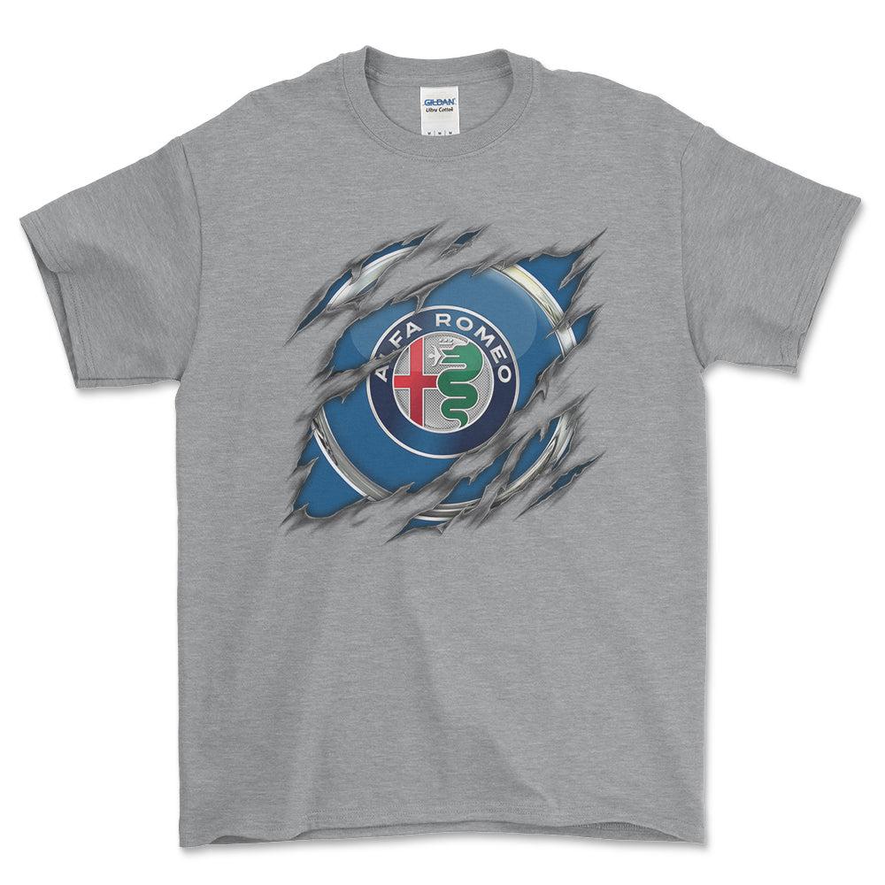 Alfa Romeo Ripped Unisex T-Shirt , Bomuld-Beklædning-Alfa Romeo-Grå Sport-S-Forside-Garage Culture Shop- garage - man cave - merchandise