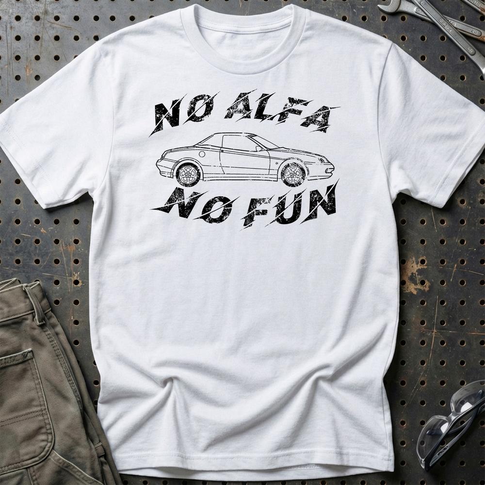 Alfa Romeo Spider No Alfa No Fun Unisex T-Shirt , Bomuld-Beklædning-Alfa Romeo-Hvid-S-Garage Culture Shop- garage - man cave - merchandise