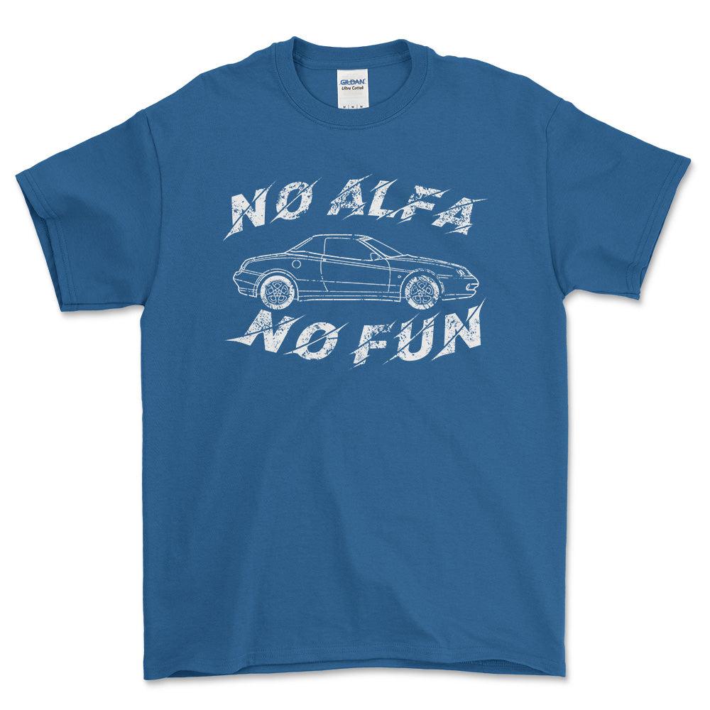 Alfa Romeo Spider No Alfa No Fun Unisex T-Shirt , Bomuld-Beklædning-Alfa Romeo-Blå Royal-S-Forside-Garage Culture Shop- garage - man cave - merchandise