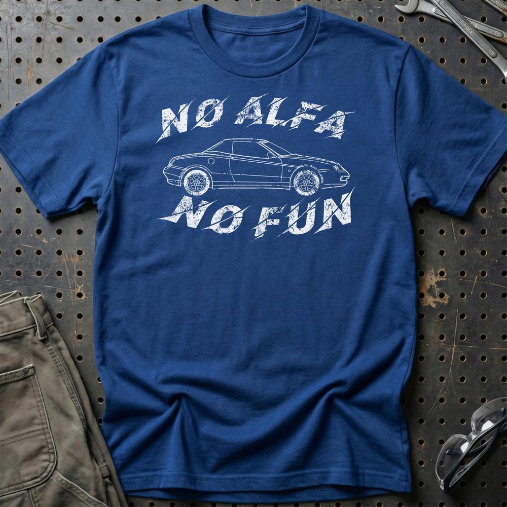Alfa Romeo Spider No Alfa No Fun Unisex T-Shirt , Bomuld-Beklædning-Alfa Romeo-Blå Royal-S-Garage Culture Shop- garage - man cave - merchandise