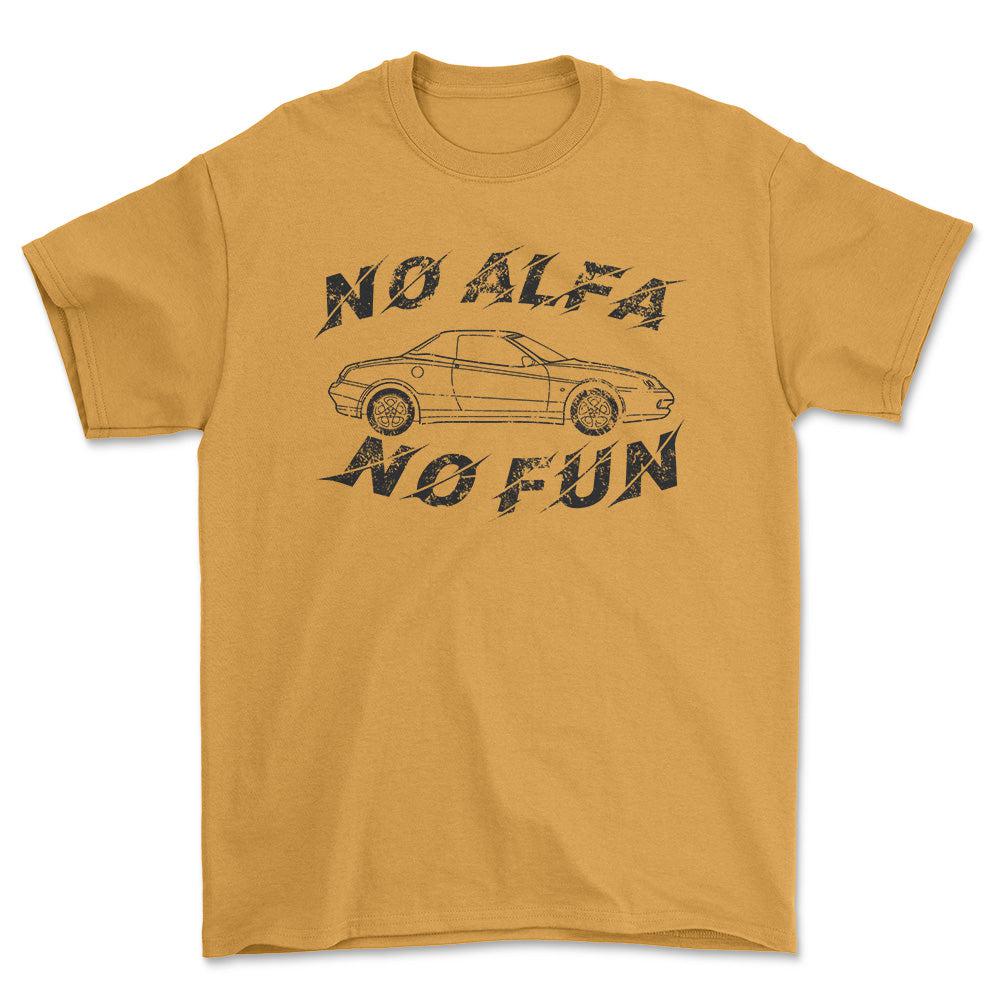 Alfa Romeo Spider No Alfa No Fun Unisex T-Shirt , Bomuld-Beklædning-Alfa Romeo-Guld-S-Forside-Garage Culture Shop- garage - man cave - merchandise