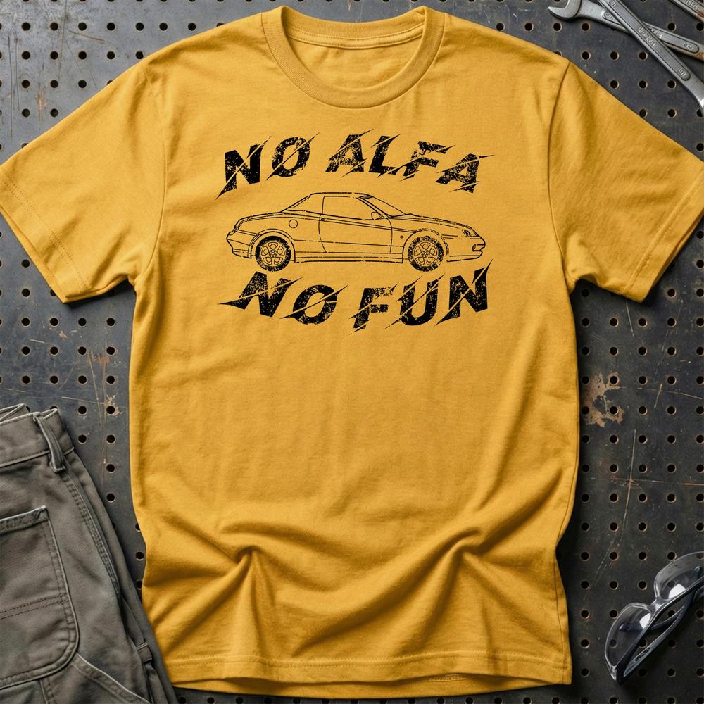 Alfa Romeo Spider No Alfa No Fun Unisex T-Shirt , Bomuld-Beklædning-Alfa Romeo-Guld-S-Garage Culture Shop- garage - man cave - merchandise