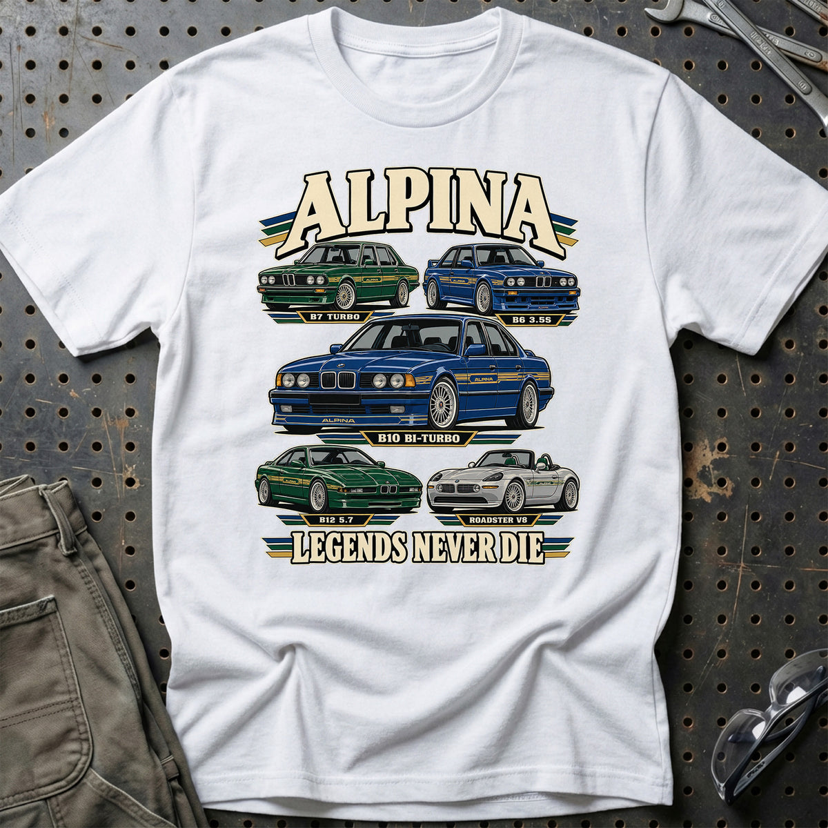 Alpina Legends Never Die T-Shirt-Beklædning-Alpina-Hvid-S-Garage Culture Shop- garage - man cave - merchandise