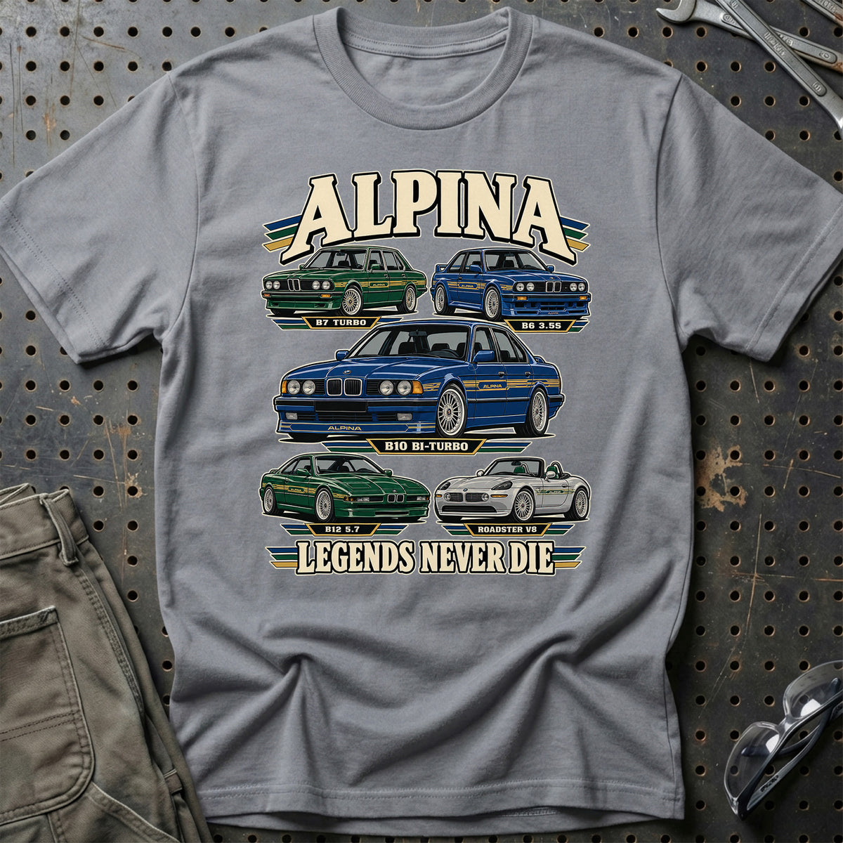Alpina Legends Never Die T-Shirt-Beklædning-Alpina-Grå Sport-S-Garage Culture Shop- garage - man cave - merchandise