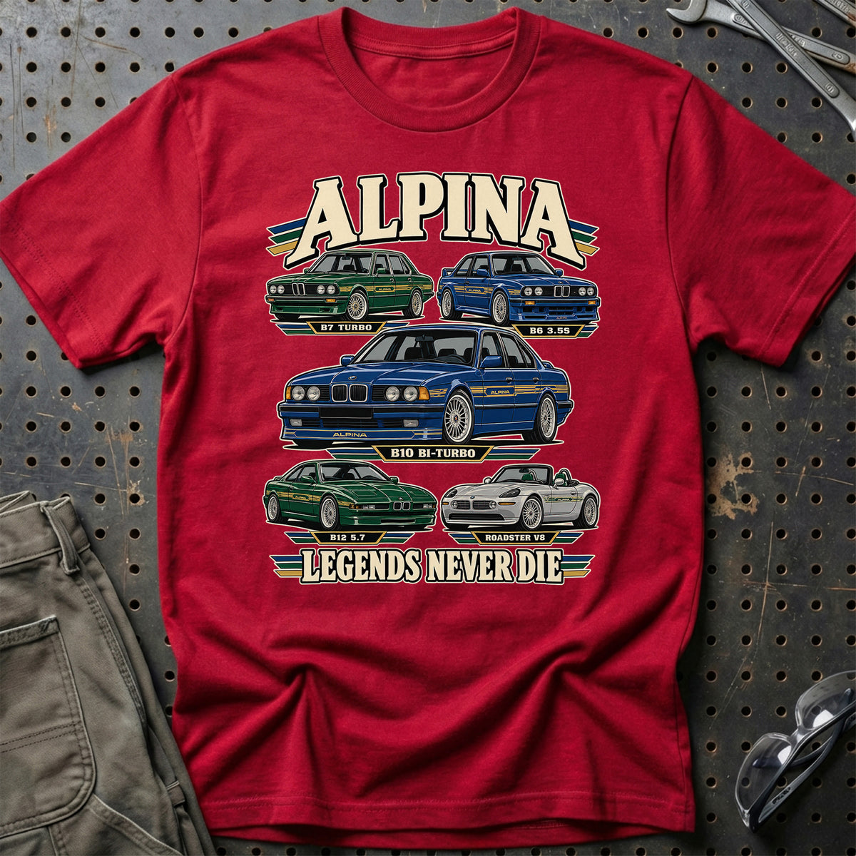 Alpina Legends Never Die T-Shirt-Beklædning-Alpina-Rød-S-Garage Culture Shop- garage - man cave - merchandise