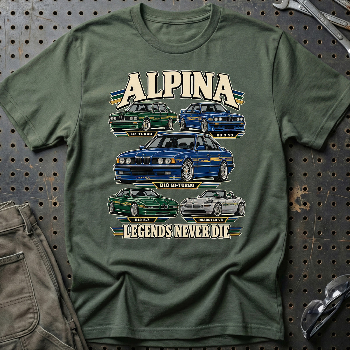 Alpina Legends Never Die T-Shirt-Beklædning-Alpina-Grøn Militær-S-Garage Culture Shop- garage - man cave - merchandise
