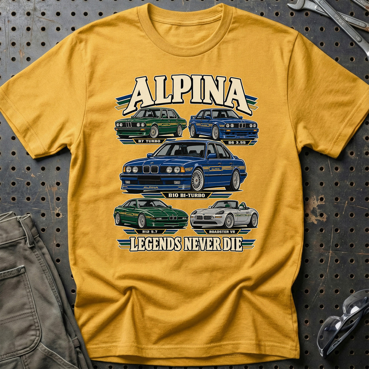 Alpina Legends Never Die T-Shirt-Beklædning-Alpina-Guld-S-Garage Culture Shop- garage - man cave - merchandise