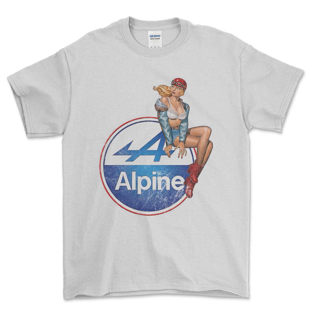 Alpine Pinup - Unisex T-Shirt , Bomuld-Beklædning-Alpine-Hvid-S-Forside-Garage Culture Shop- garage - man cave - merchandise