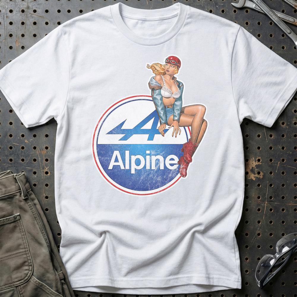 Alpine Pinup - Unisex T-Shirt , Bomuld-Beklædning-Alpine-Hvid-S-Garage Culture Shop- garage - man cave - merchandise