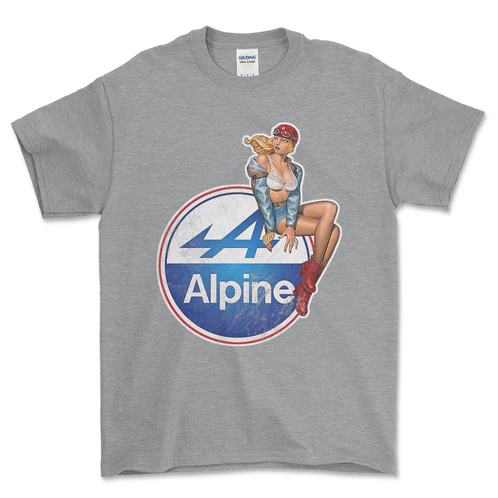 Alpine Pinup - Unisex T-Shirt , Bomuld-Beklædning-Alpine-Grå Sport-S-Forside-Garage Culture Shop- garage - man cave - merchandise