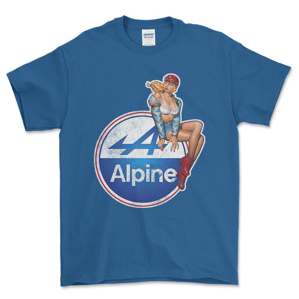 Alpine Pinup - Unisex T-Shirt , Bomuld-Beklædning-Alpine-Blå Royal-S-Forside-Garage Culture Shop- garage - man cave - merchandise