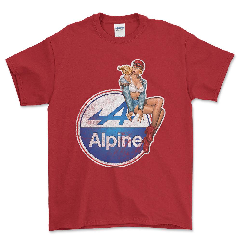 Alpine Pinup - Unisex T-Shirt , Bomuld-Beklædning-Alpine-Rød-S-Forside-Garage Culture Shop- garage - man cave - merchandise