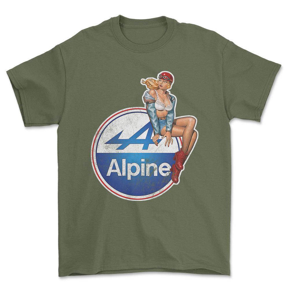 Alpine Pinup - Unisex T-Shirt , Bomuld-Beklædning-Alpine-Grøn Militær-S-Forside-Garage Culture Shop- garage - man cave - merchandise