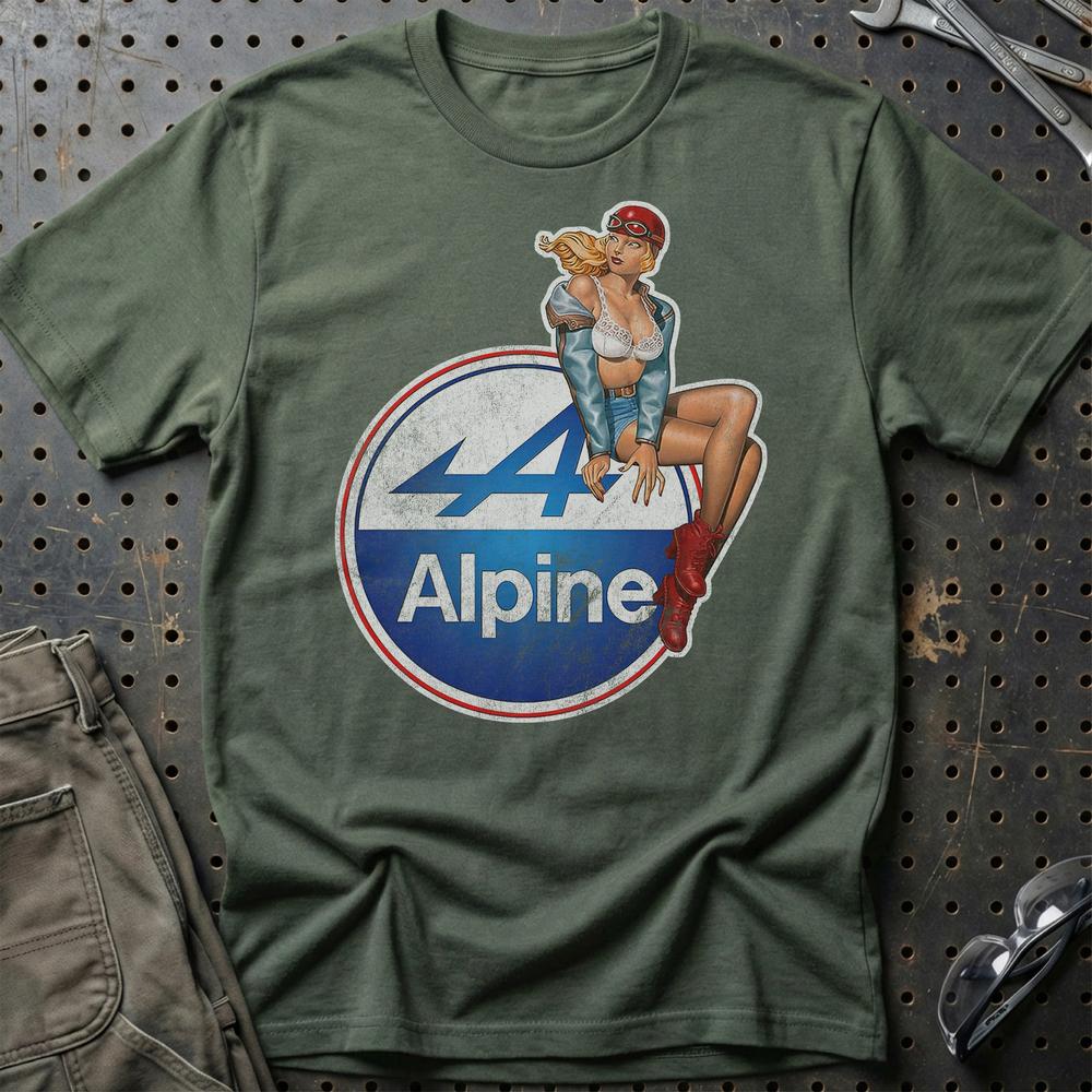 Alpine Pinup - Unisex T-Shirt , Bomuld-Beklædning-Alpine-Grøn Militær-S-Garage Culture Shop- garage - man cave - merchandise