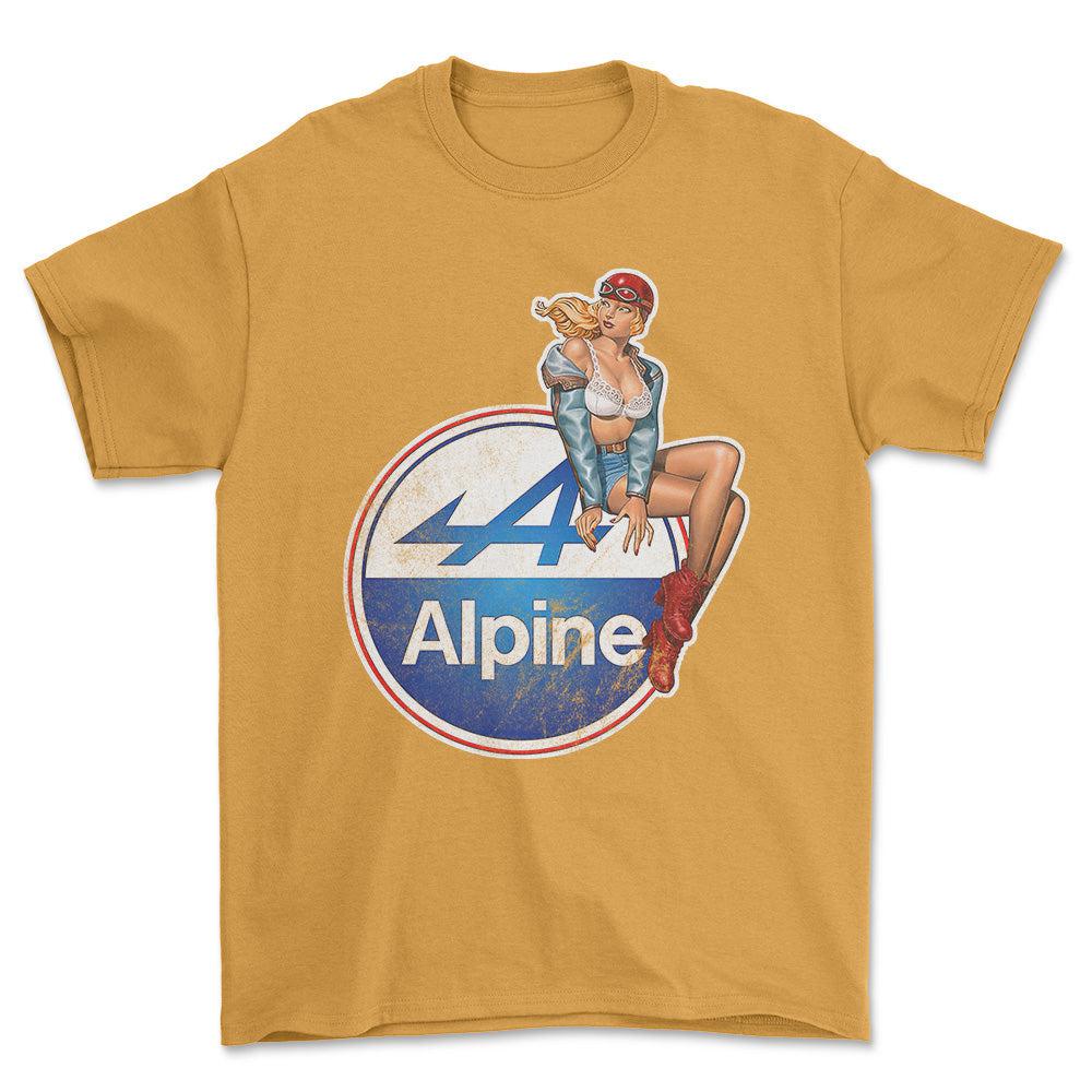 Alpine Pinup - Unisex T-Shirt , Bomuld-Beklædning-Alpine-Guld-S-Forside-Garage Culture Shop- garage - man cave - merchandise