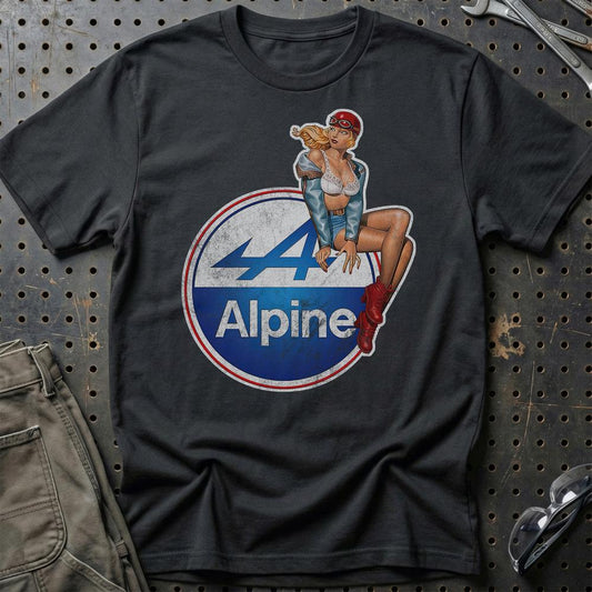 Alpine Pinup - Unisex T-Shirt , Bomuld-Beklædning-Alpine-Sort-S-Garage Culture Shop- garage - man cave - merchandise