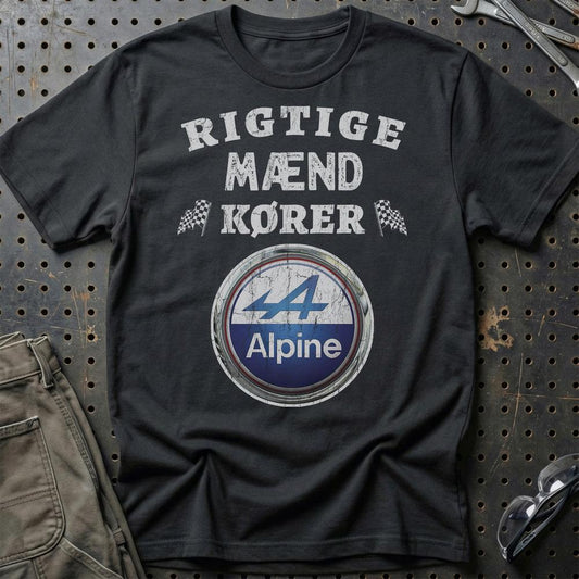 Alpine Rigtige Mænd Kører Unisex T-Shirt , Bomuld-Beklædning-Alpine-Sort-S-Garage Culture Shop- garage - man cave - merchandise