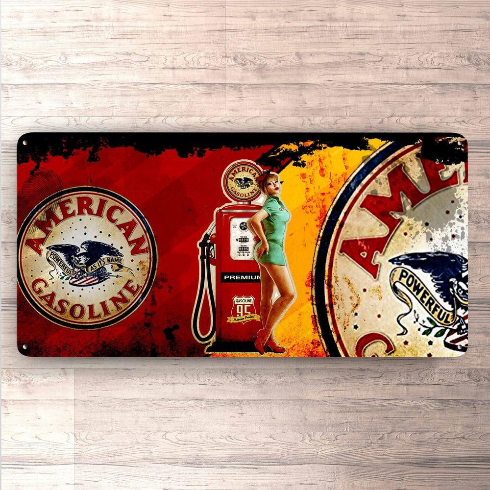 American Gasoline Pin-Up Vintage 30x60cm Skilt-Skilte-Motoroil-Garage Culture Shop- garage - man cave - merchandise