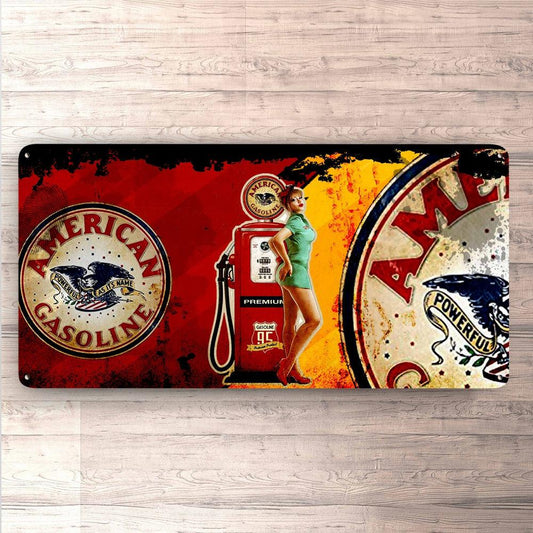 American Gasoline Pin-Up Vintage 30x60cm Skilt-Skilte-Motoroil-Garage Culture Shop- garage - man cave - merchandise