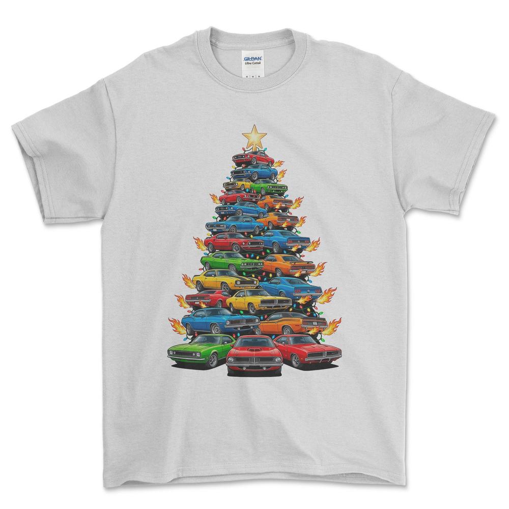 American Muscle Juletræ Christmas Tree - Unisex T-Shirt-Beklædning-Muscle Car-Hvid-S-Forside-Garage Culture Shop- garage - man cave - merchandise