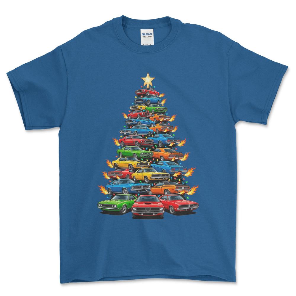 American Muscle Juletræ Christmas Tree - Unisex T-Shirt-Beklædning-Muscle Car-Blå Royal-S-Forside-Garage Culture Shop- garage - man cave - merchandise