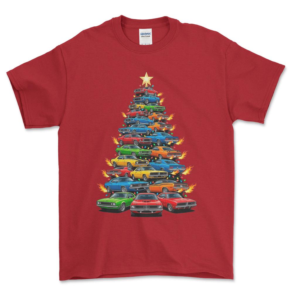 American Muscle Juletræ Christmas Tree - Unisex T-Shirt-Beklædning-Muscle Car-Rød-S-Forside-Garage Culture Shop- garage - man cave - merchandise