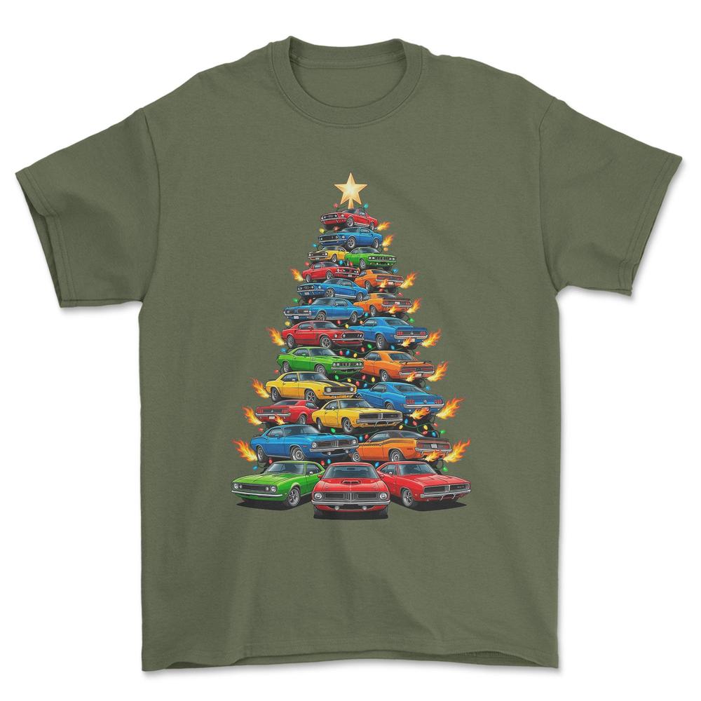 American Muscle Juletræ Christmas Tree - Unisex T-Shirt-Beklædning-Muscle Car-Grøn Militær-S-Forside-Garage Culture Shop- garage - man cave - merchandise