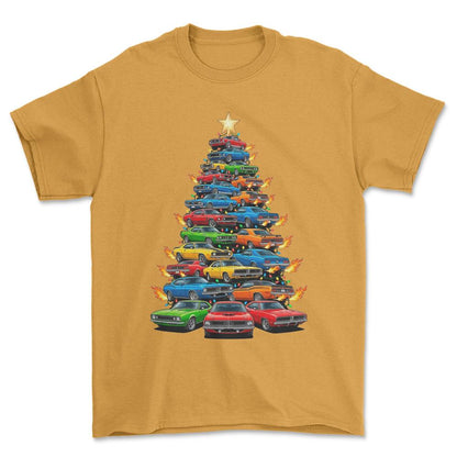 American Muscle Juletræ Christmas Tree - Unisex T-Shirt-Beklædning-Muscle Car-Guld-S-Forside-Garage Culture Shop- garage - man cave - merchandise