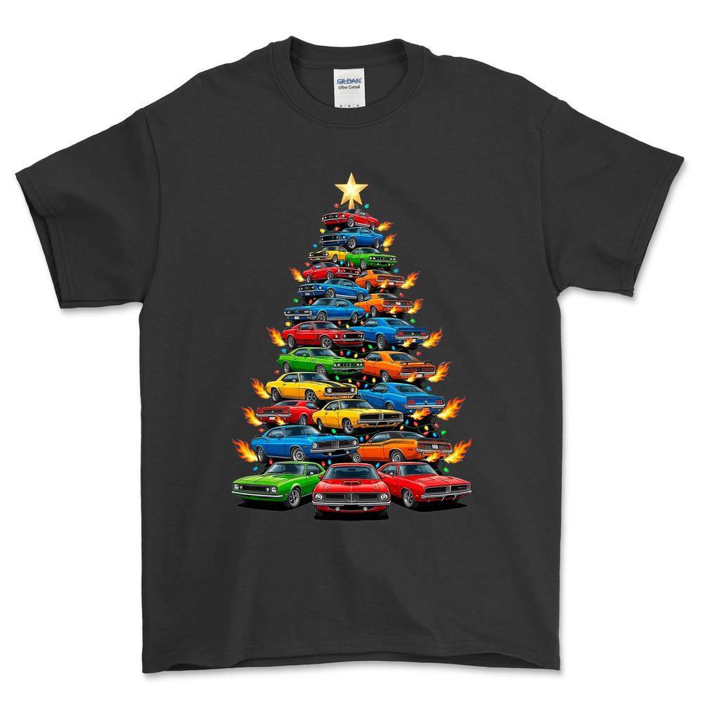 American Muscle Juletræ Christmas Tree - Unisex T-Shirt-Beklædning-Muscle Car-Sort-S-Forside-Garage Culture Shop- garage - man cave - merchandise