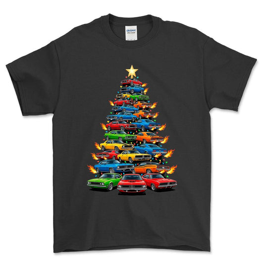 American Muscle Juletræ Christmas Tree - Unisex T-Shirt-Beklædning-Muscle Car-Sort-S-Forside-Garage Culture Shop- garage - man cave - merchandise