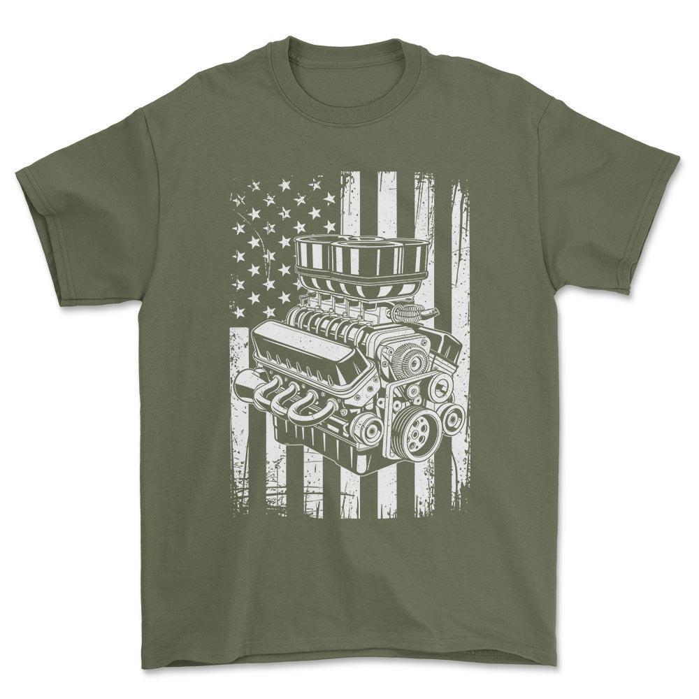 American V8 T-Shirt , Bomuld-Beklædning-Garage Culture-Grøn Militær-S-Forside-Garage Culture Shop- garage - man cave - merchandise