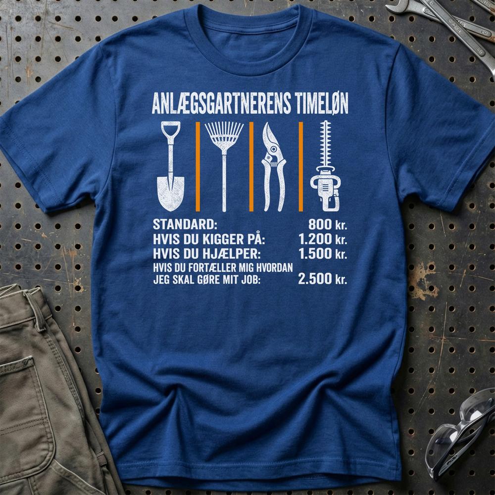 Anlægsgartnerens Timeløn - Unisex T-Shirt , Bomuld-Beklædning-Garage Culture-Blå Royal-S-Garage Culture Shop- garage - man cave - merchandise