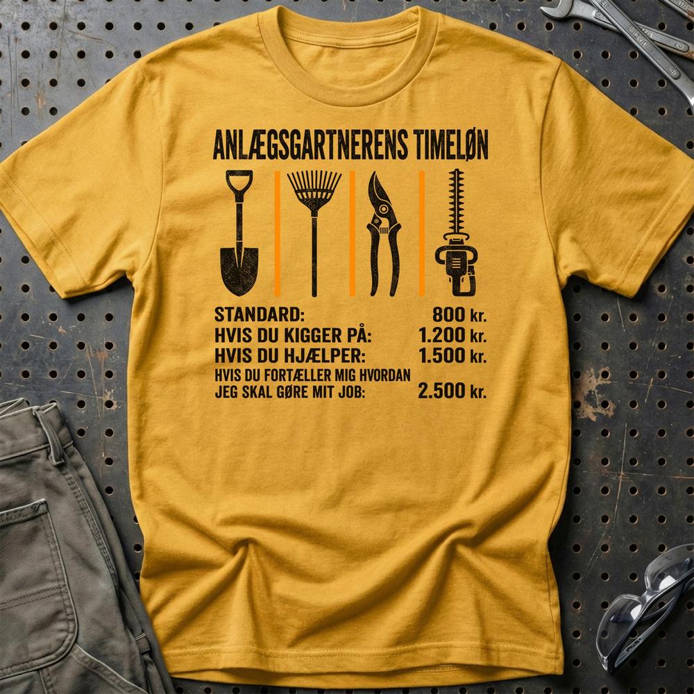 Anlægsgartnerens Timeløn - Unisex T-Shirt , Bomuld-Beklædning-Garage Culture-Guld-S-Garage Culture Shop- garage - man cave - merchandise