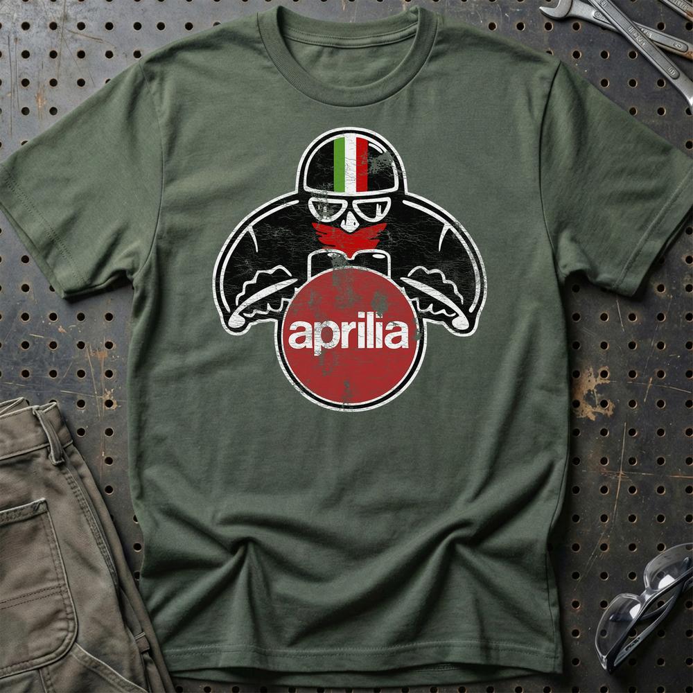 Aprilia Biker Vintage Style T-Shirt-Beklædning-Aprilia-Grøn Militær-S-Garage Culture Shop- garage - man cave - merchandise