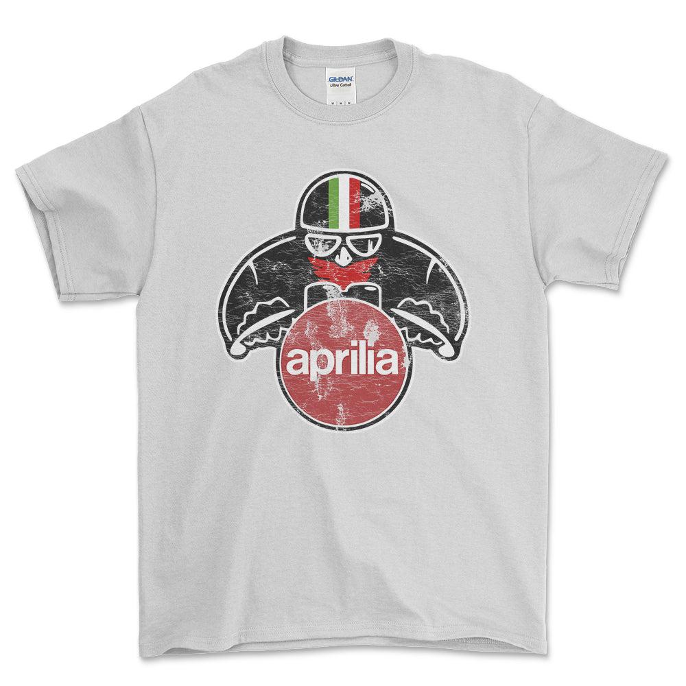 Aprilia Biker Vintage Style Unisex T-Shirt , Bomuld-Beklædning-Aprilia-Hvid-S-Forside-Garage Culture Shop- garage - man cave - merchandise