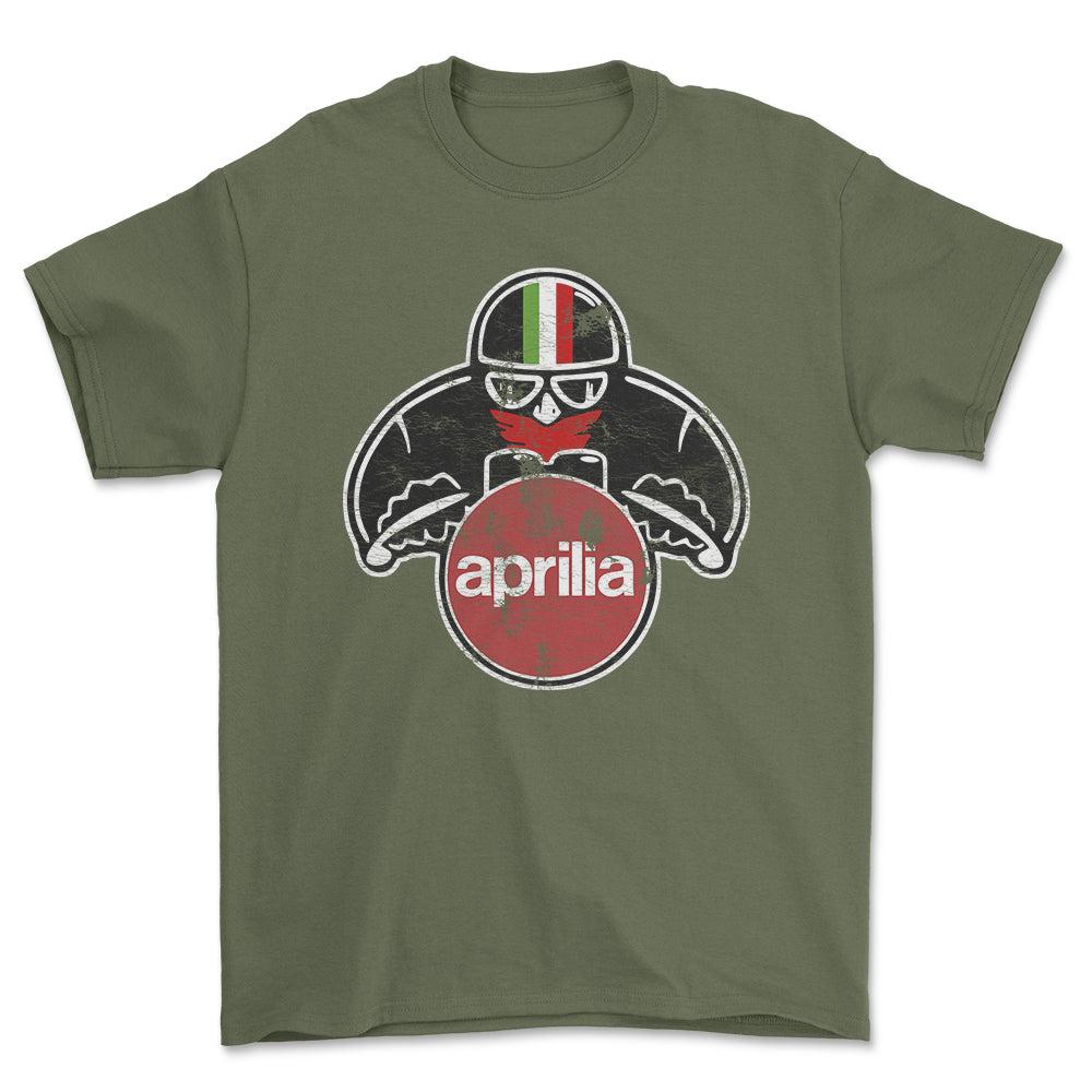 Aprilia Biker Vintage Style Unisex T-Shirt , Bomuld-Beklædning-Aprilia-Grøn Militær-S-Forside-Garage Culture Shop- garage - man cave - merchandise