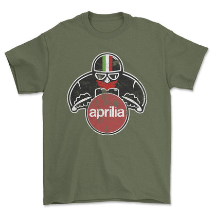 Aprilia Biker Vintage Style Unisex T-Shirt , Bomuld-Beklædning-Aprilia-Grøn Militær-S-Forside-Garage Culture Shop- garage - man cave - merchandise