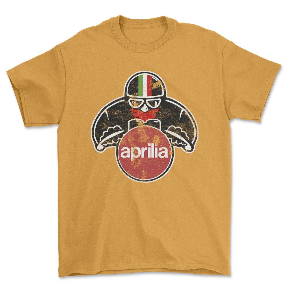 Aprilia Biker Vintage Style Unisex T-Shirt , Bomuld-Beklædning-Aprilia-Guld-S-Forside-Garage Culture Shop- garage - man cave - merchandise