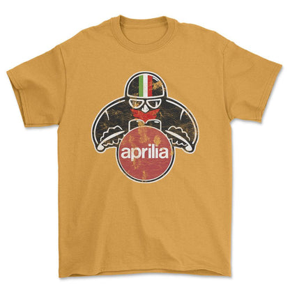 Aprilia Biker Vintage Style Unisex T-Shirt , Bomuld-Beklædning-Aprilia-Guld-S-Forside-Garage Culture Shop- garage - man cave - merchandise