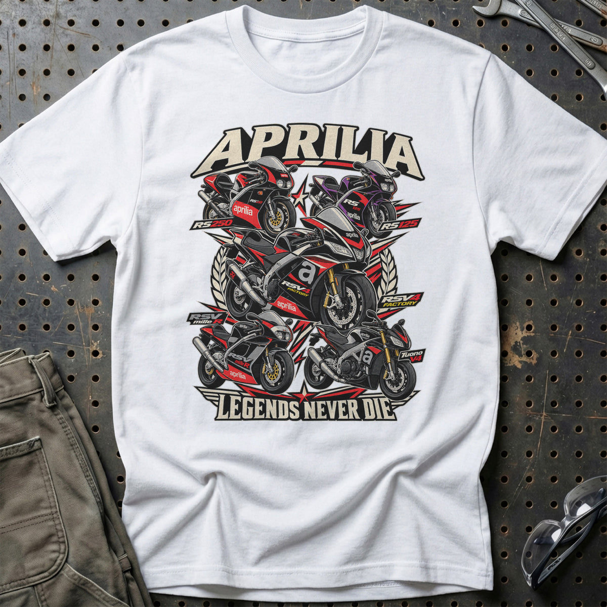 Aprilia Legends Never Die T-Shirt-Beklædning-Aprilia-Hvid-S-Garage Culture Shop- garage - man cave - merchandise