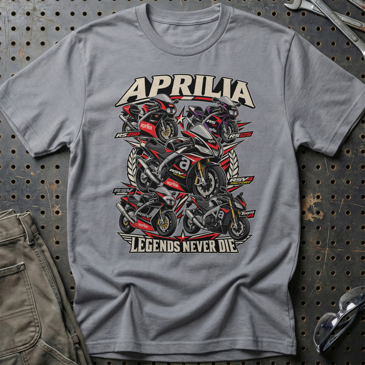 Aprilia Legends Never Die T-Shirt-Beklædning-Aprilia-Grå Sport-S-Garage Culture Shop- garage - man cave - merchandise