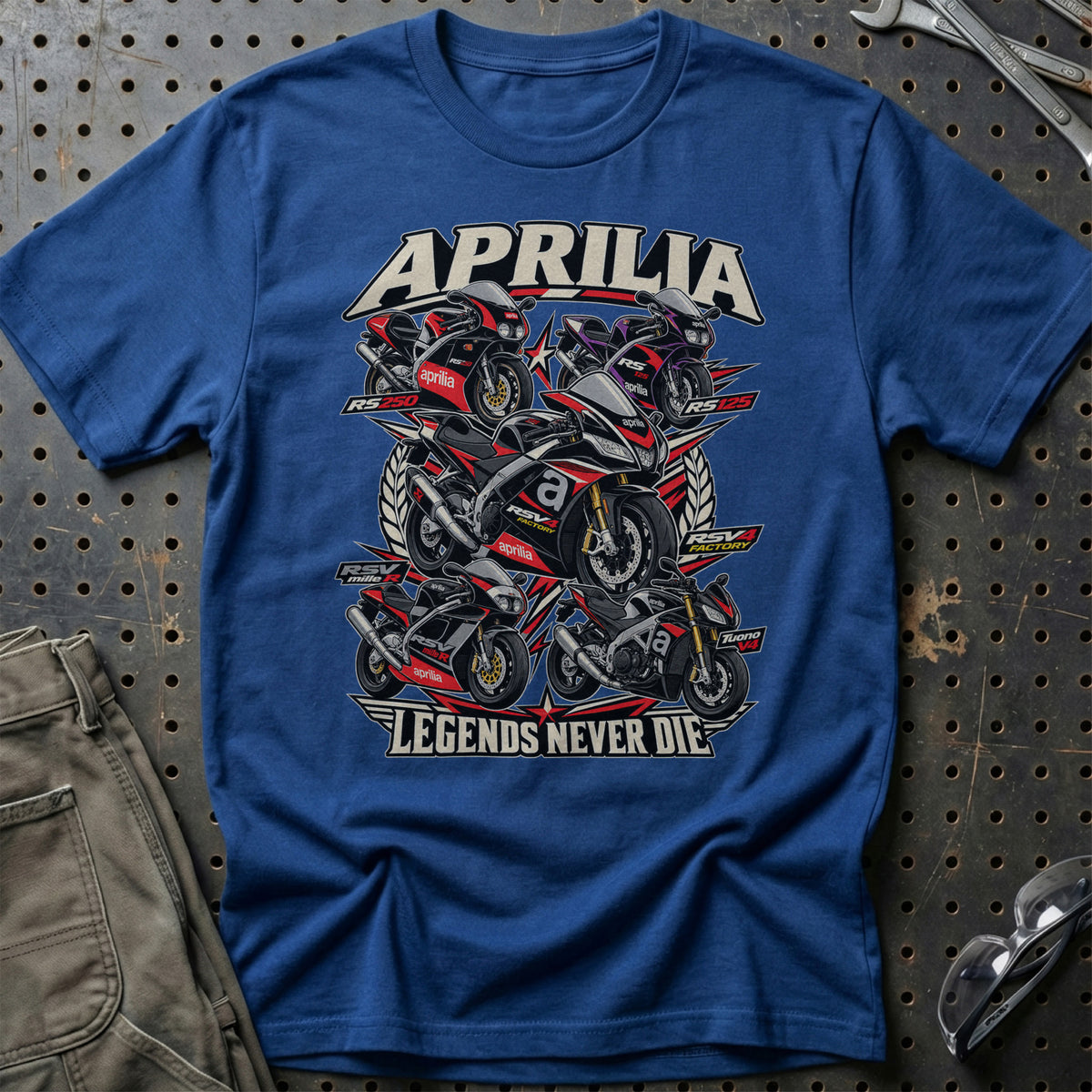 Aprilia Legends Never Die T-Shirt-Beklædning-Aprilia-Blå Royal-S-Garage Culture Shop- garage - man cave - merchandise