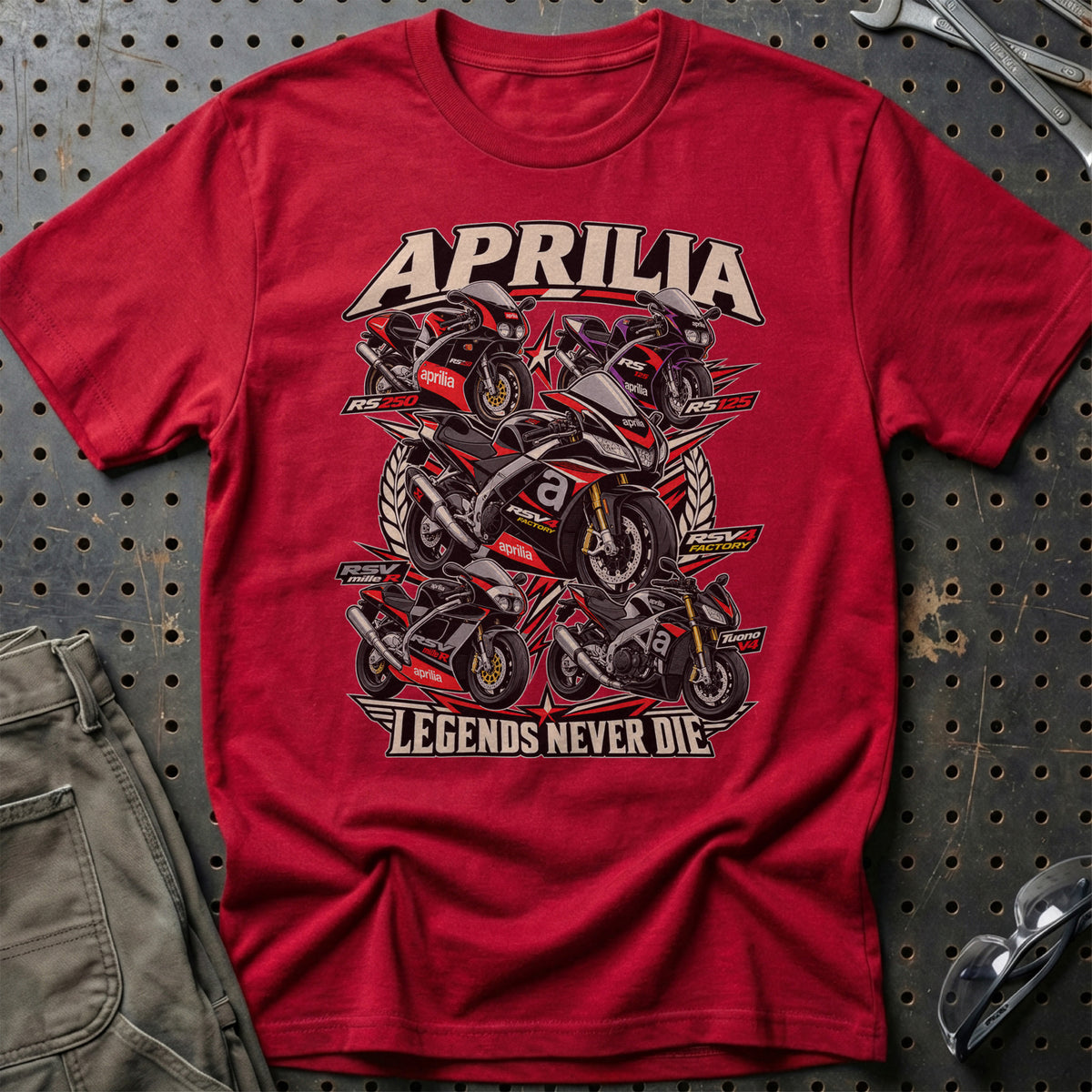 Aprilia Legends Never Die T-Shirt-Beklædning-Aprilia-Rød-S-Garage Culture Shop- garage - man cave - merchandise